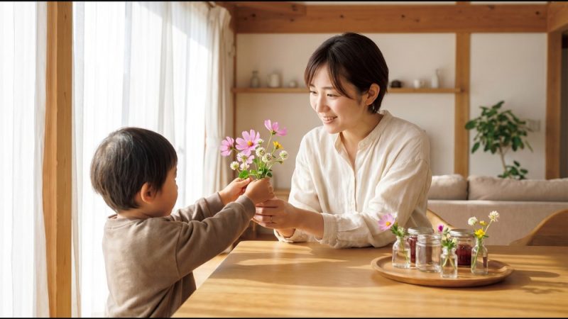 子どもが摘んできた小さな花を母親に手渡す様子と、小瓶に飾った花